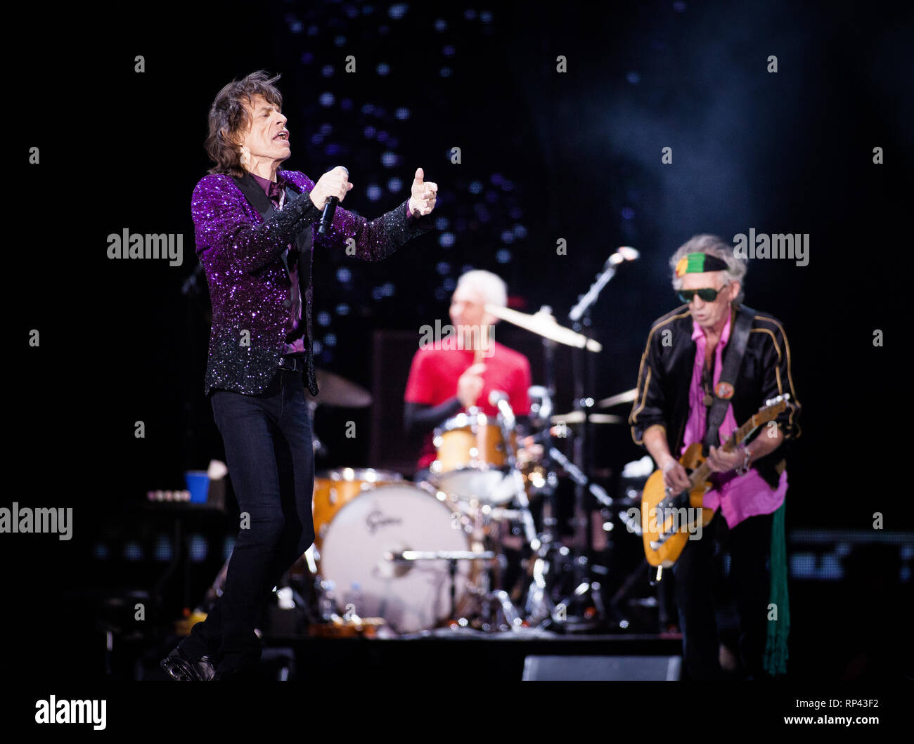The Rolling Stones, the legendary English rock band performs a live concert  at Orange Stage at Roskilde Festival 2014. Here lead singer and songwriter  Mick Jagger is seen live on stage with