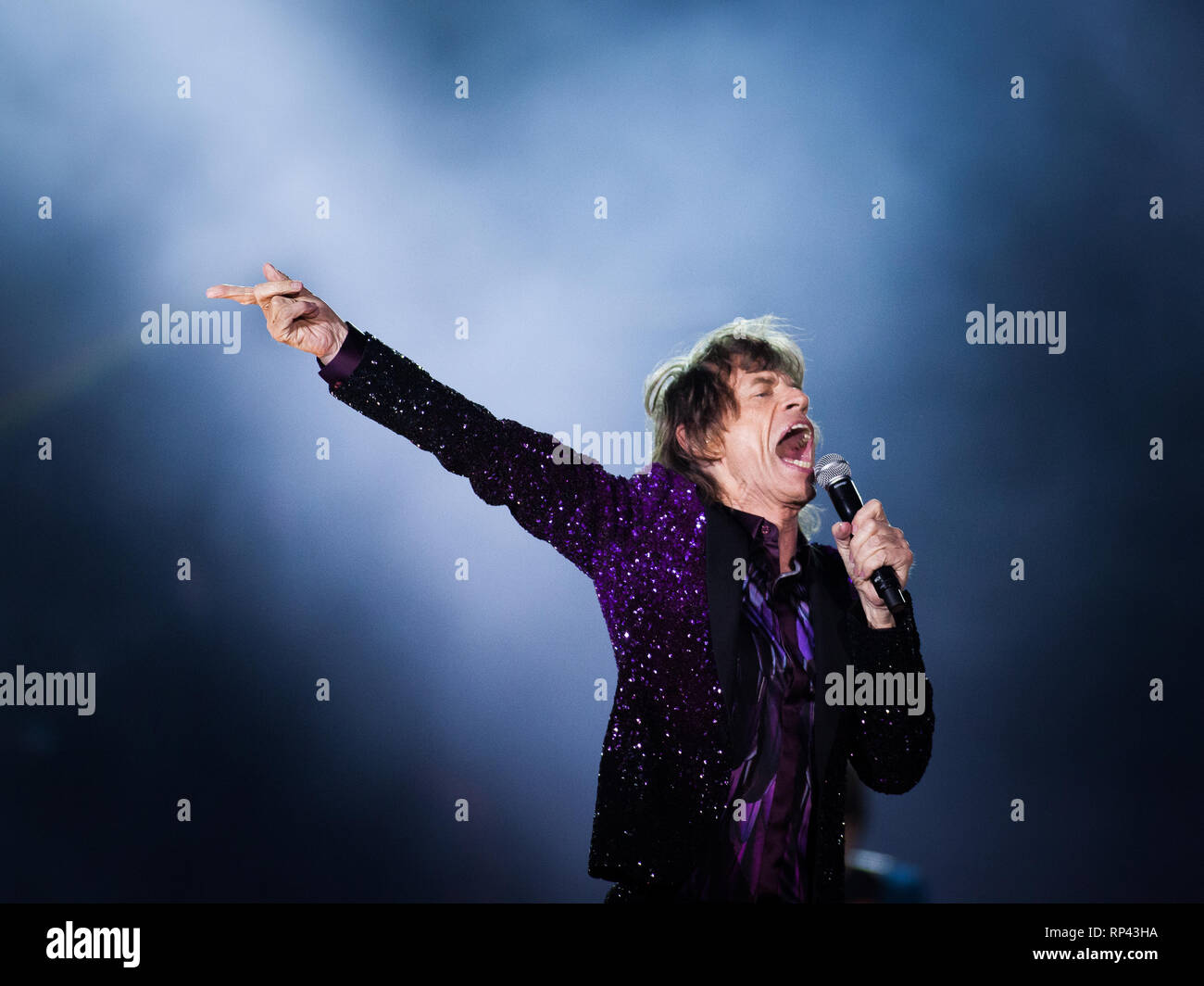 The Rolling Stones, the legendary English rock band performs a live concert  at Orange Stage at Roskilde Festival 2014. Here lead singer and songwriter  Mick Jagger is seen live on stage. Denmark,