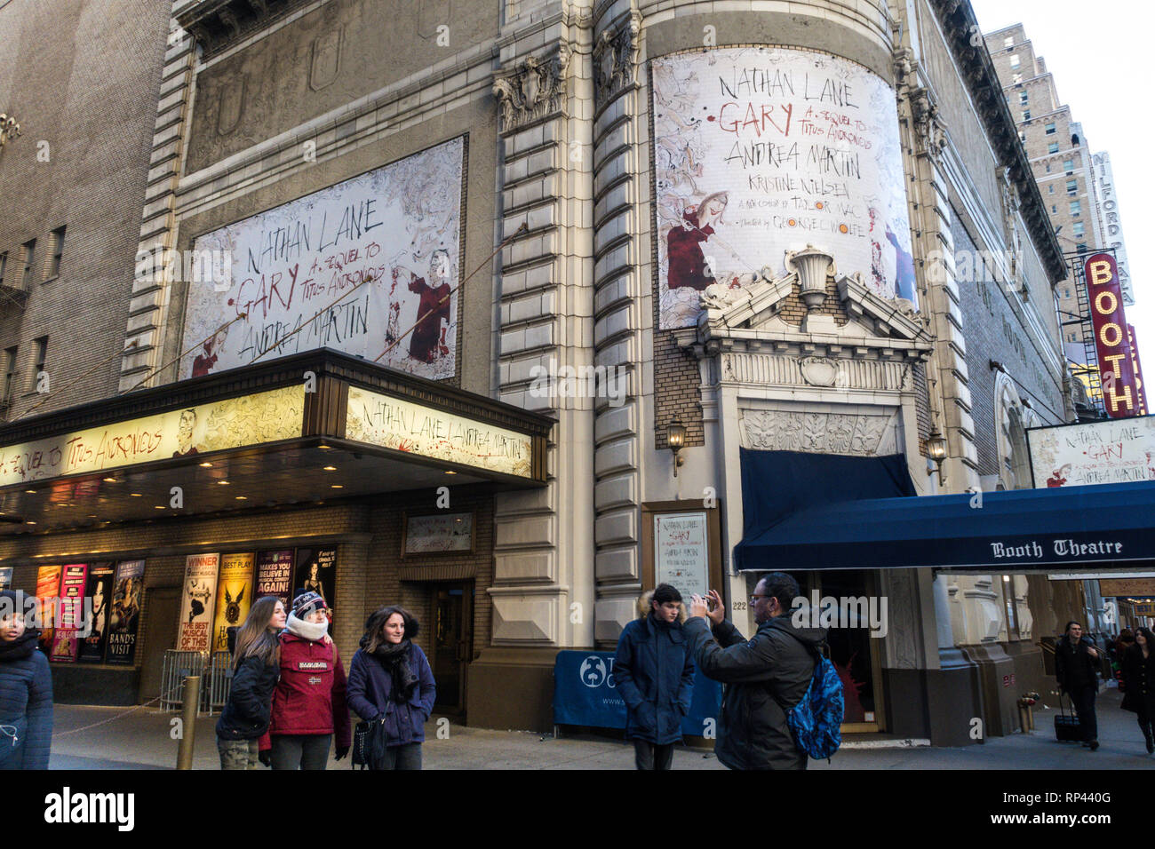 'Gary, A Sequel to Titus Andronicus' Signage at The Booth Theatre, Broadway, NYC, USA Stock Photo
