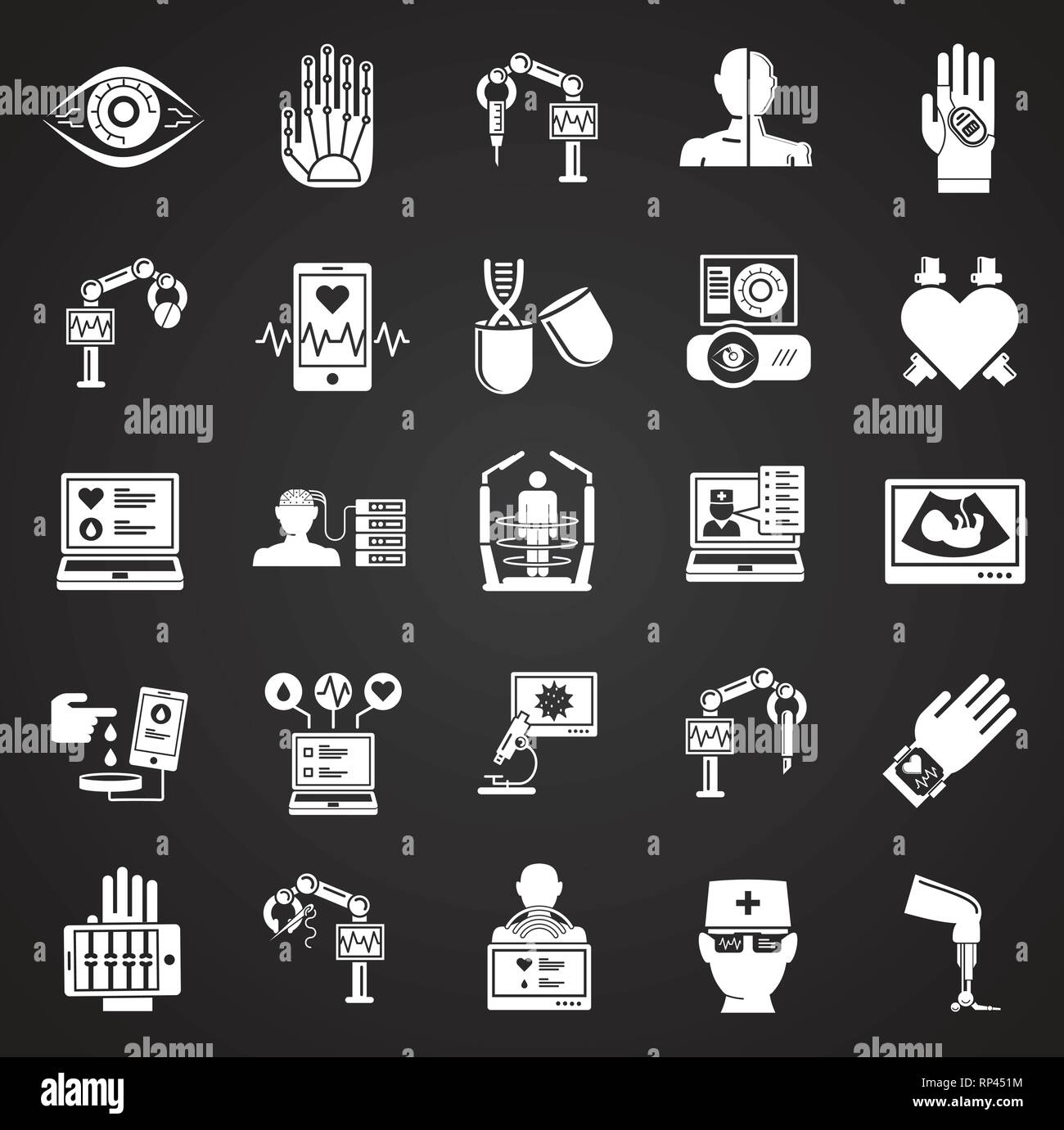 Future medicine icons set on black background for graphic and web ...