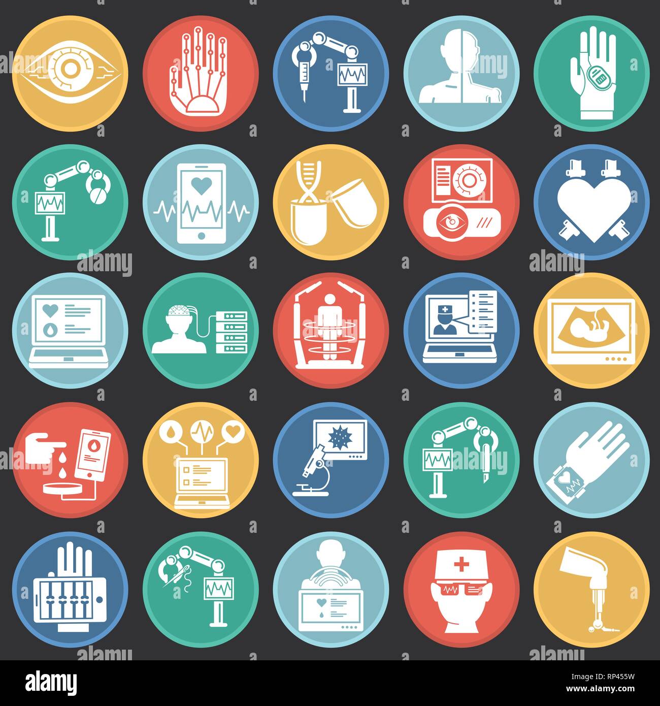 Future medicine icons set on color circles black background for graphic ...