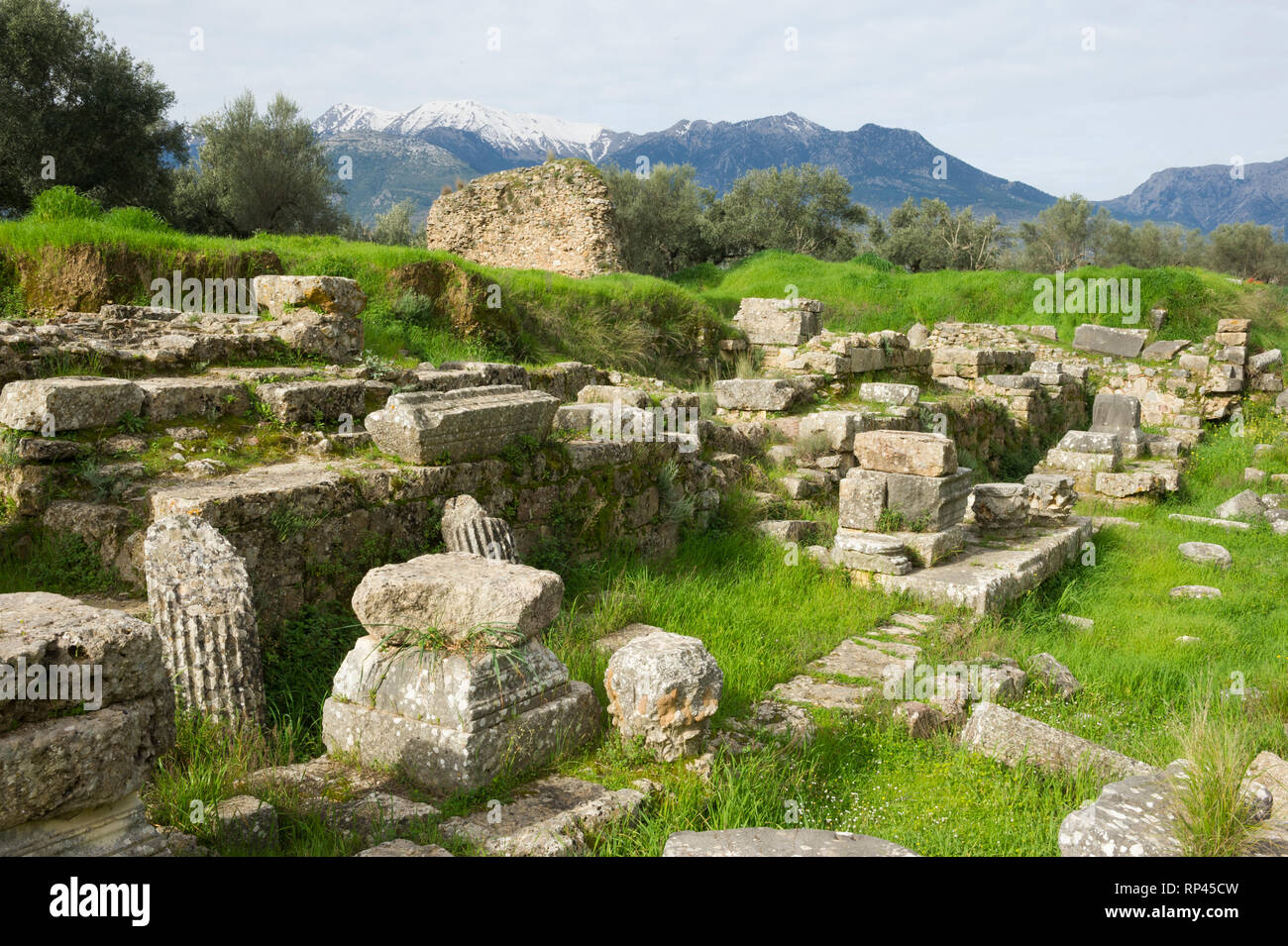 Acropolis of Ancient Sparta below the snowcapped Taygetos Mountains