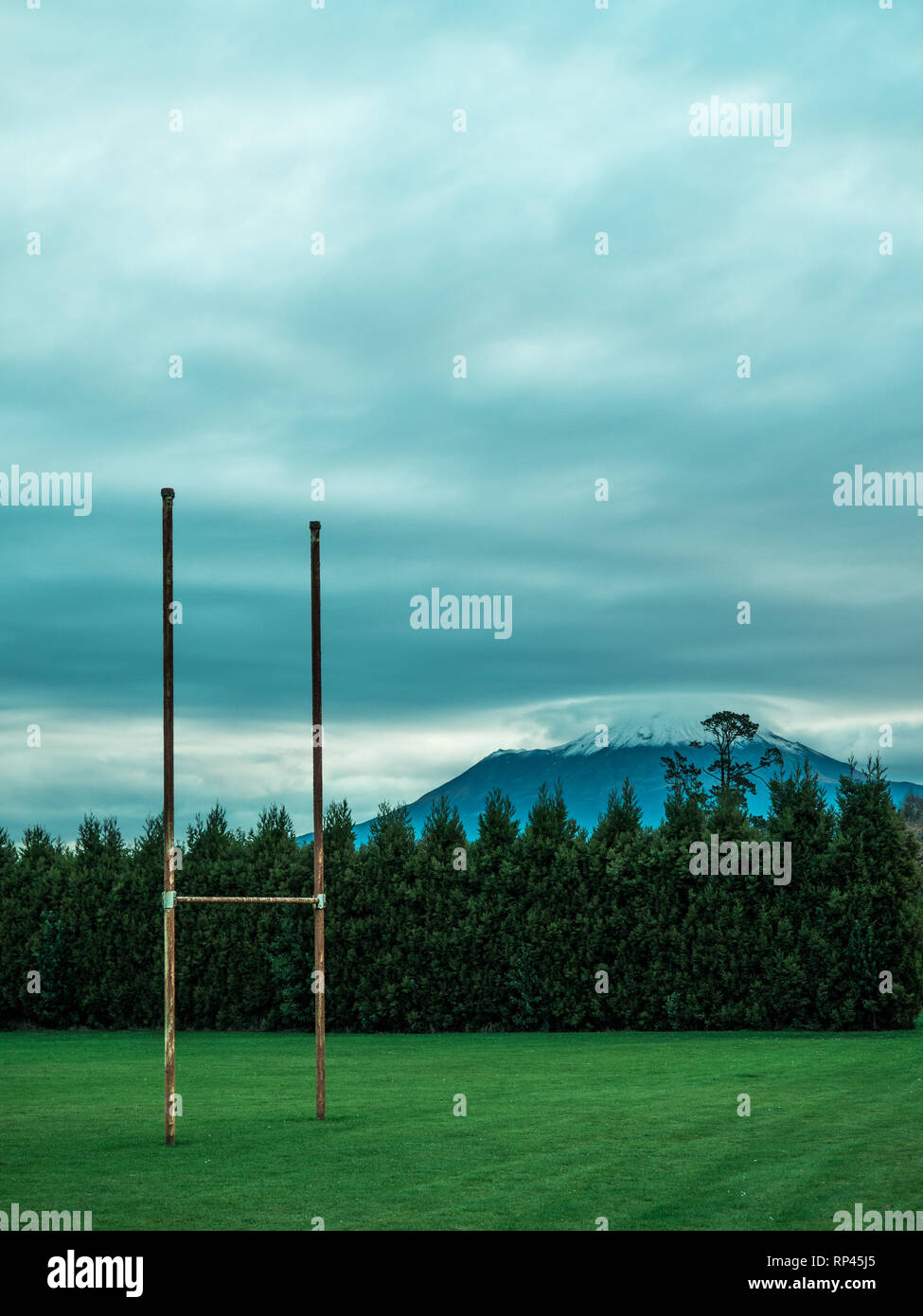 Goal posts on a rugby field, Taranaki, New Zealand Stock Photo