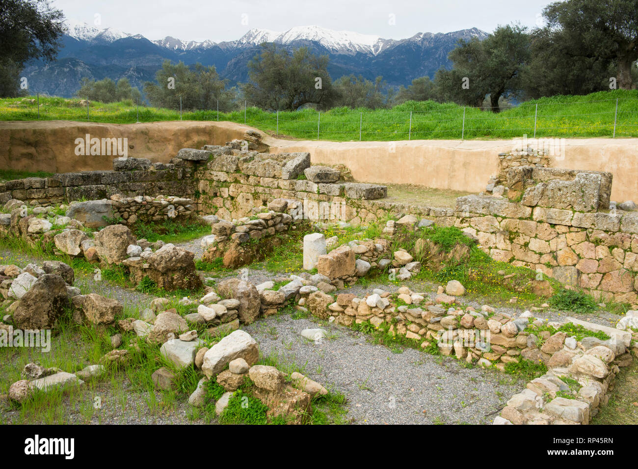 Acropolis of Ancient Sparta below the snowcapped Taygetos Mountains