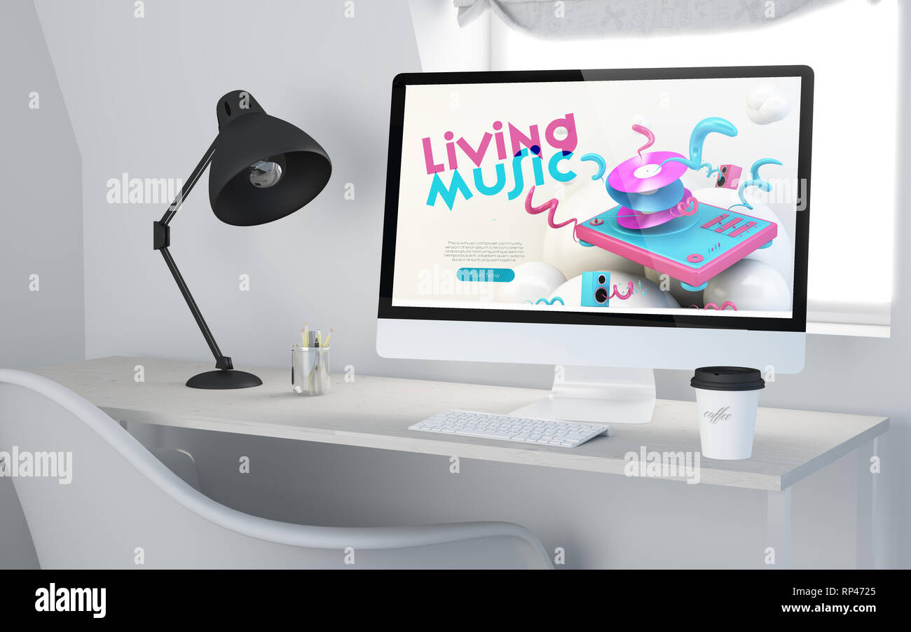 3d rendering of a desktop workplace with computer music online website. All screen graphics are made up. Stock Photo