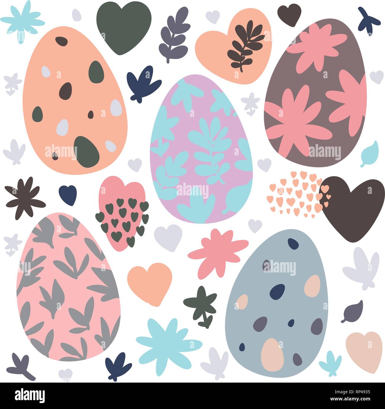 Set of Easter design elements. Eggs, flowers, willow, branches, hearts, patterns. Perfect for holiday decoration and spring greeting cards Stock Vector