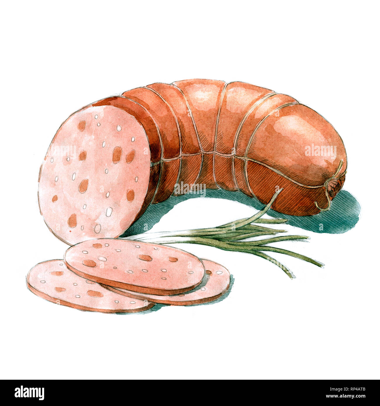 Boiled sausage watercolor illustration on white background Stock Photo