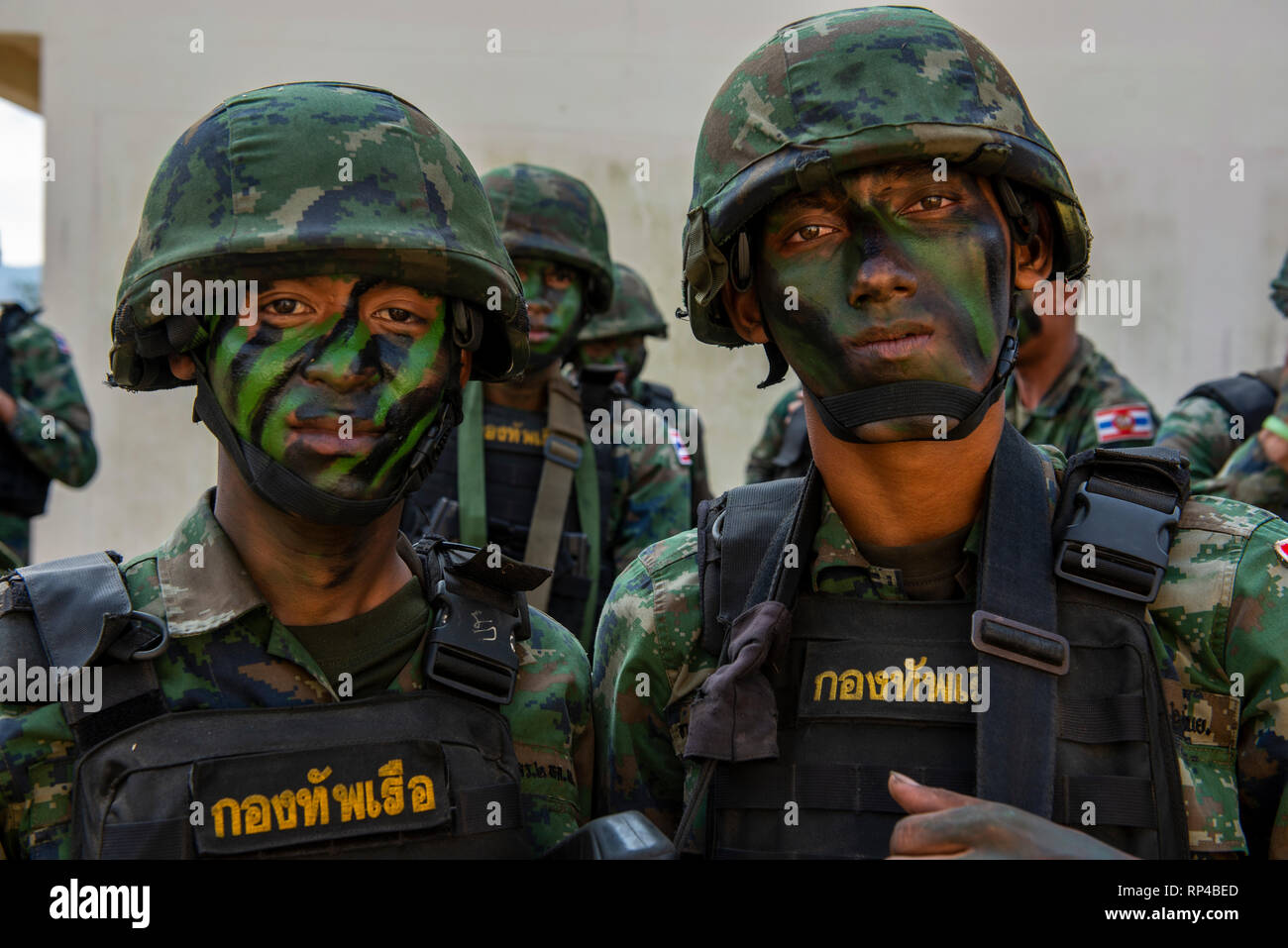 Royal Thai Marines wearing camouflage face paint at a live-fire exercise  during Cobra Gold 19 at the Ban Chan Krem training area February 20, 2019  in Chantaklem, Thailand. Cobra Gold is the