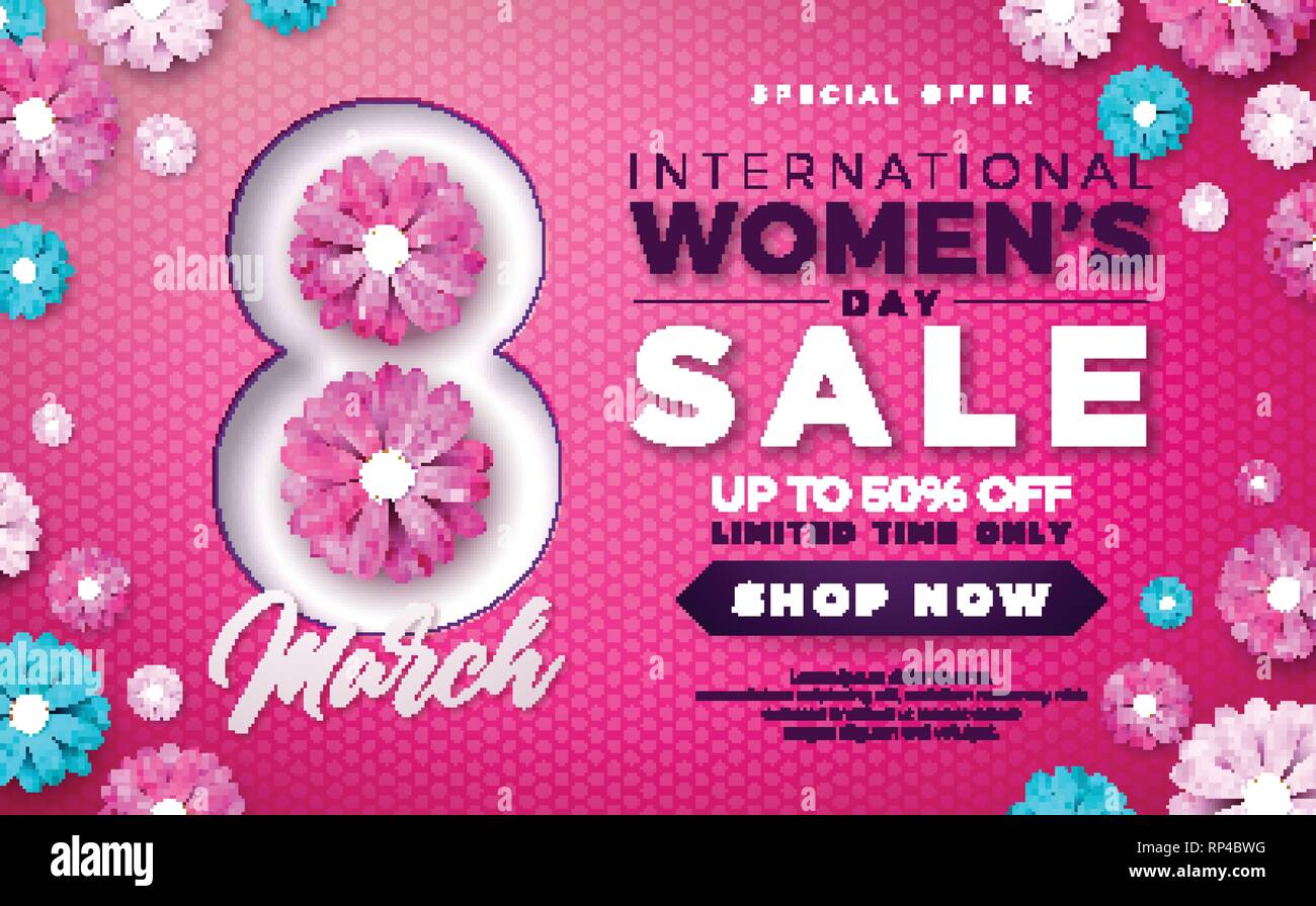 Womens Day Sale Design With Beautiful Colorful Flower On Pink
