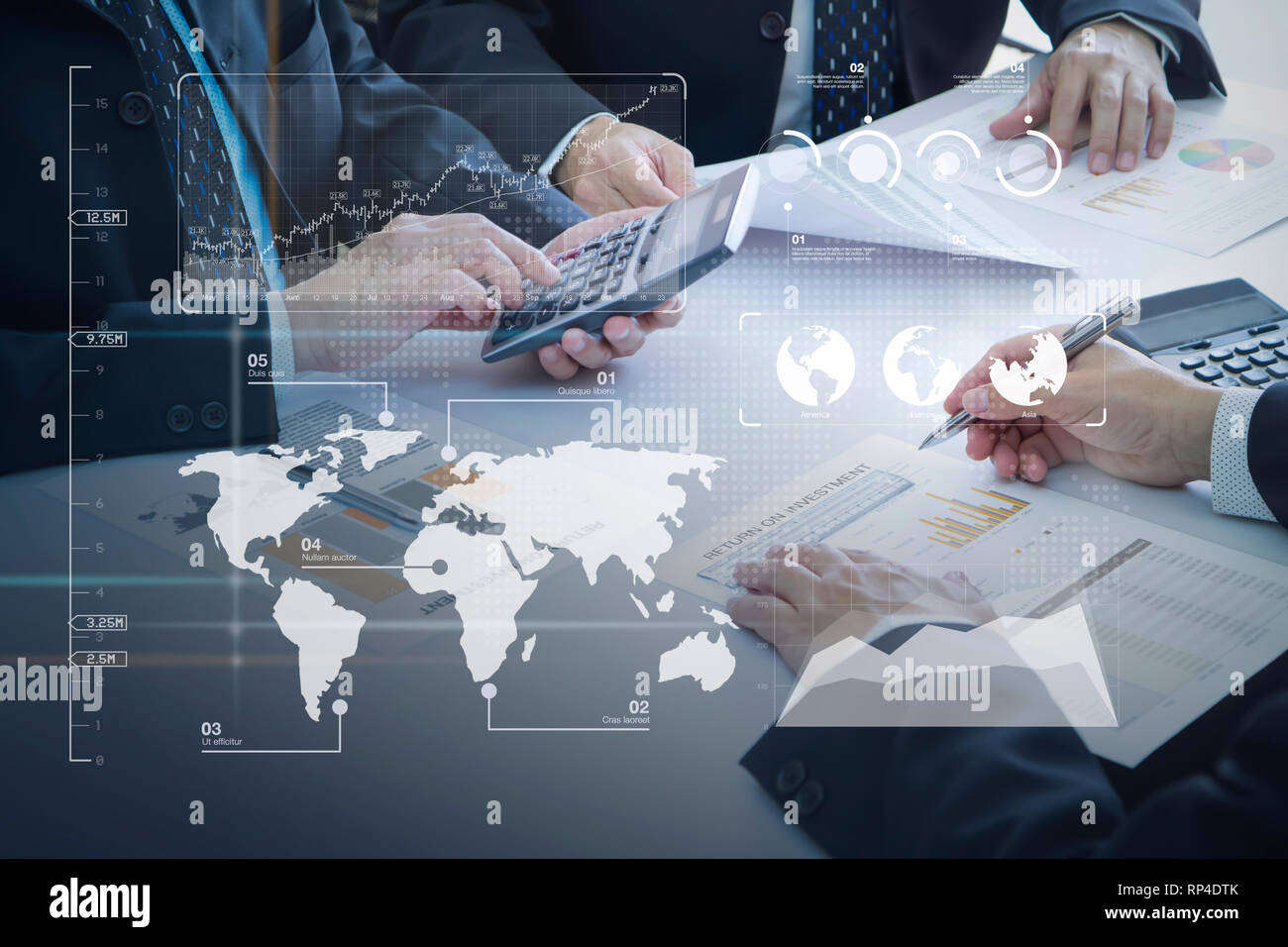 Businessmen are deeply reviewing a financial reports for a return on investment or investment risk analysis. Stock Photo