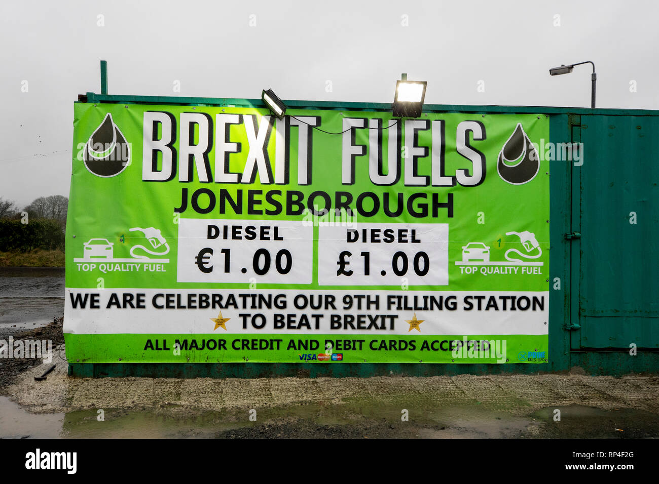 A filling station called Brexit Fuels at Jonesborough in County Armagh, Northern Ireland, close to the border with the Republic of Ireland. Discussions are continuing between the UK government and the EU over the controversial backstop on the border, which would keep an open border on the island of Ireland in the event that the UK leaves the EU, regardless of the result of the negotiations about their future relationship. Stock Photo