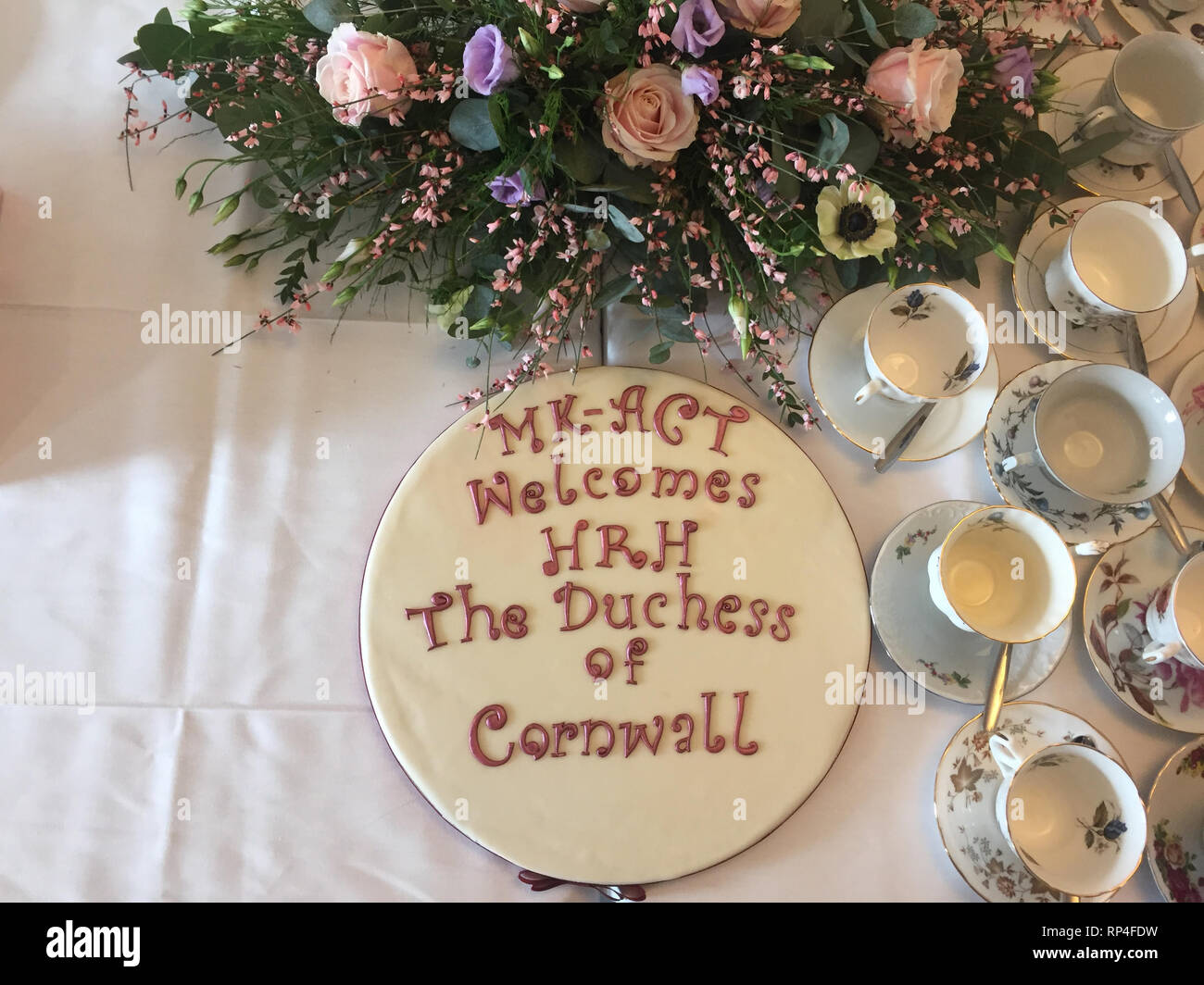 The cake made for the Duchess of Cornwall for her visit to MK-Act, a women's refuge in Milton Keynes. Stock Photo