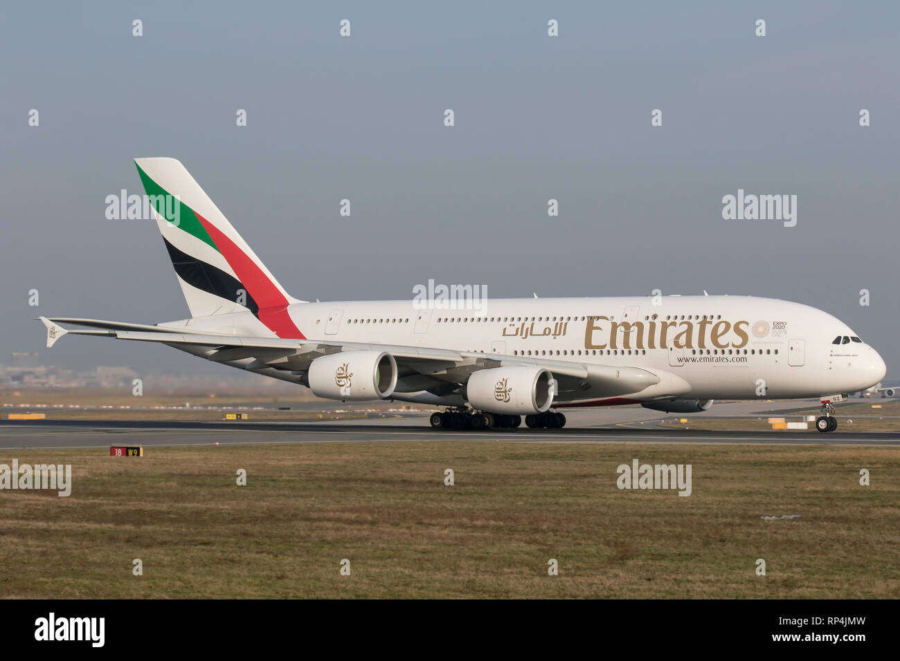A6-EOZ Airbus A380 of Emirates departing Frankfurt Airport 07/02/2018 Stock Photo