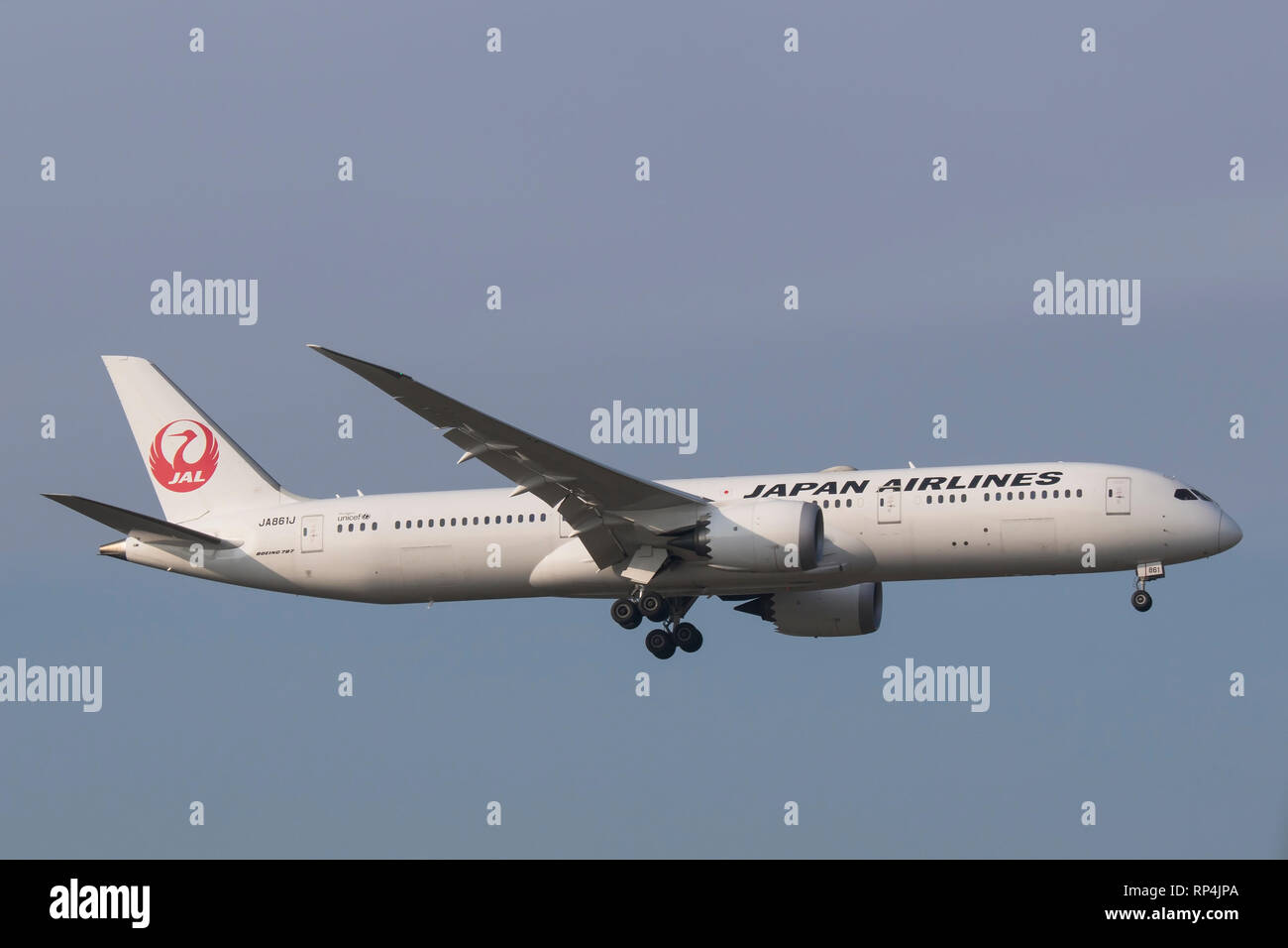 JA861J Boeing 787 Dreamliner of JAL Japan Airlines landing at Frankfurt Airport 07/02/2018 Stock Photo