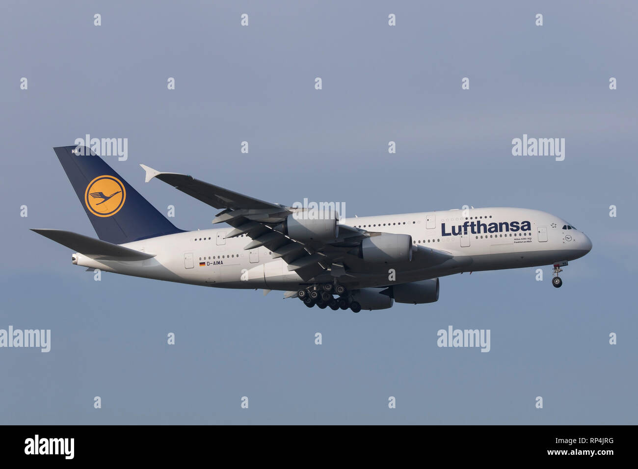 D-AIMA Airbus A380 of Lufthansa landing at Frankfurt Airport 07/02/2018 Stock Photo