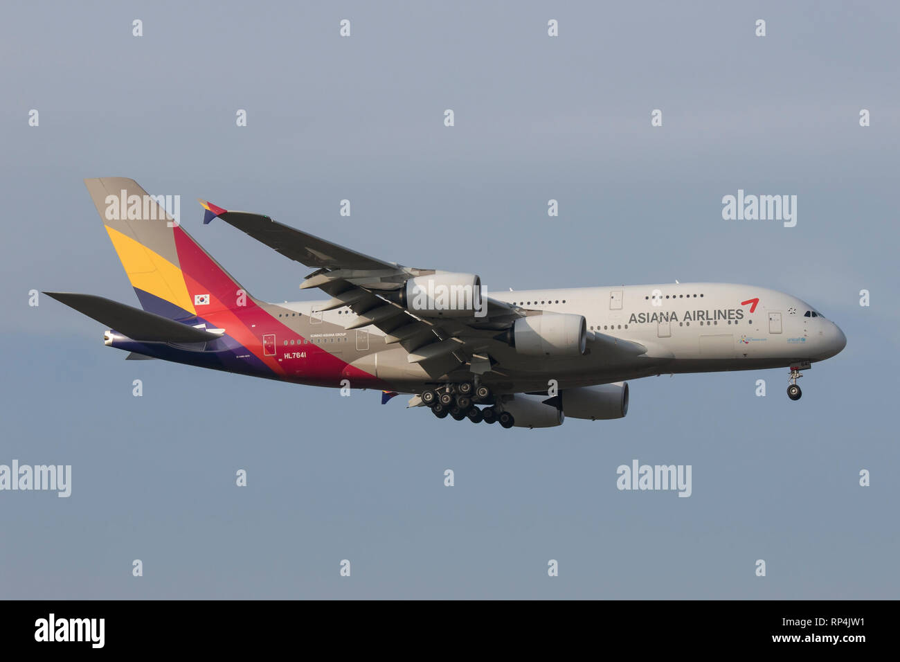 HL7641 Airbus A380 of Asiana of Korea landing at Frankfurt Airport 07/02/2018 Stock Photo