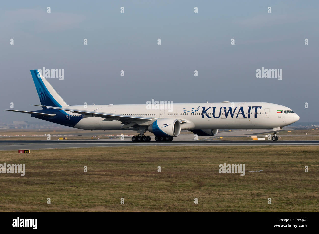 9K-AOM Boeing 777 of Kuwait Airways departing Frankfurt Airport 07/02/2018 Stock Photo