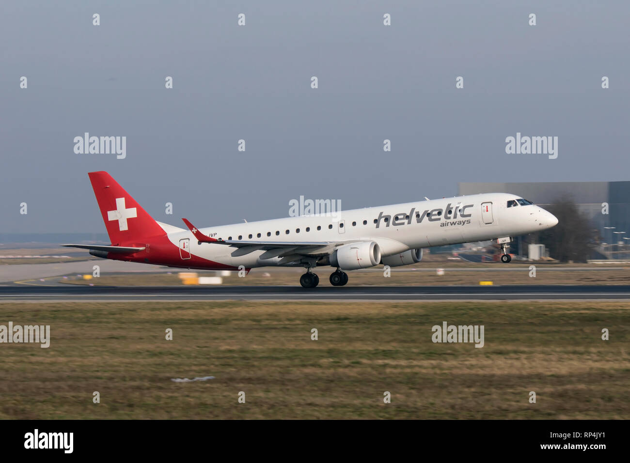 HB-JVP Embraer RJ-190 of Helvetic of Switzerland departing Frankfurt Airport 07/02/2018 Stock Photo