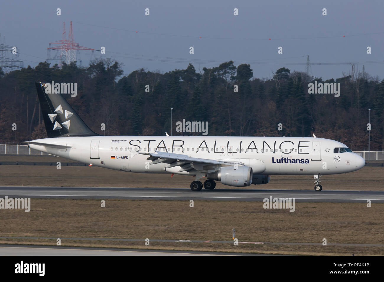 D-AIPD Airbus A320 of Lufthansa in Star Alliance scheme landing at Frankfurt Airport Germany on 07/02/2018 Stock Photo