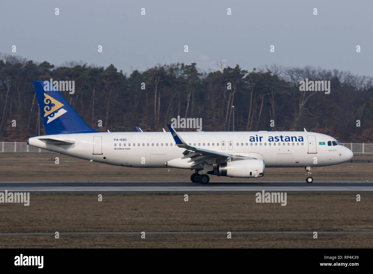 P4-KBC Airbus A320 of Air Astana landing at Frankfurt Airport Germany on 07/02/2018 Stock Photo