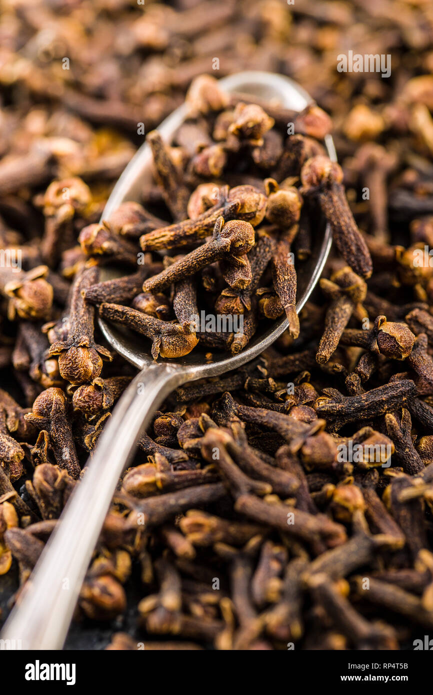 Carnation, dried clove spice in spoon Stock Photo Alamy