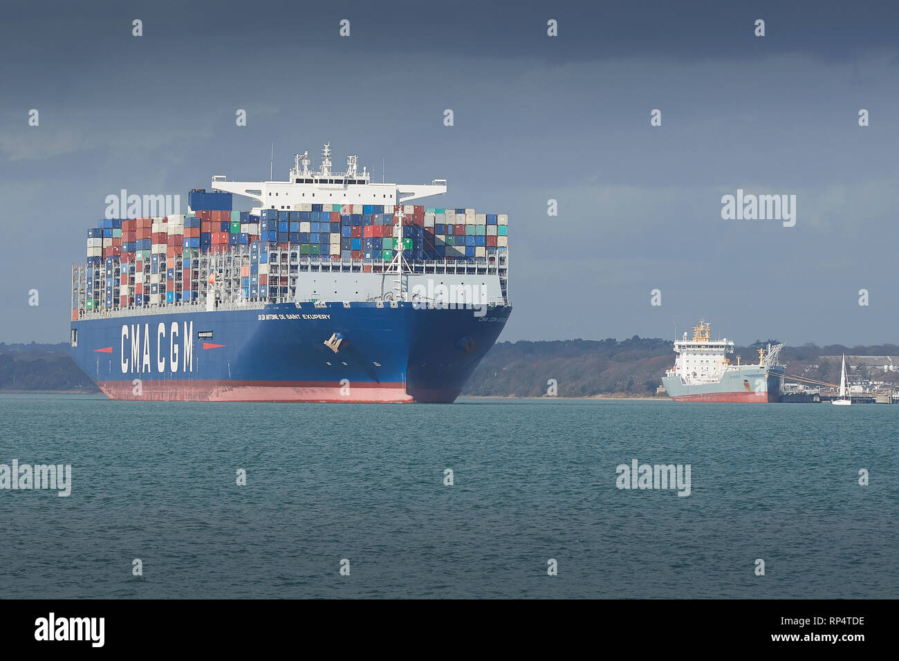 The Ultra-Large, Container Ship, CMA CGM Antoine de Saint Exupery, Departing Southampton, Hampshire, UK. 19 February 2019. Stock Photo