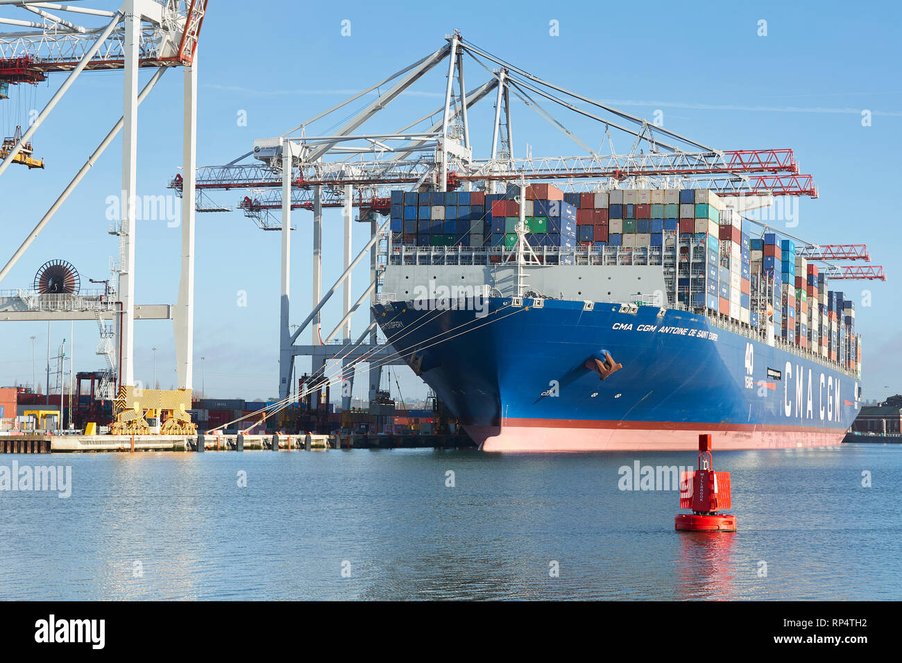 The Ultra Large Container Ship, CMA CGM Antoine de Saint Exupery, Loading And Unloading In The Southampton Container Terminal, Hampshire, UK. Stock Photo
