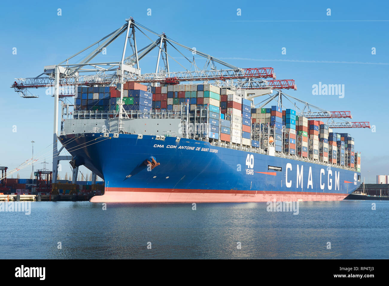 The Ultra-Large Container Ship, CMA CGM Antoine de Saint Exupery, Loading And Unloading In The Southampton Container Terminal, Hampshire, UK. Stock Photo