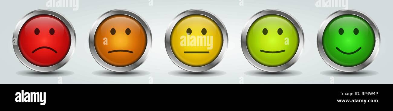 5 different colored feedback and rating buttons with smileys Stock Vector