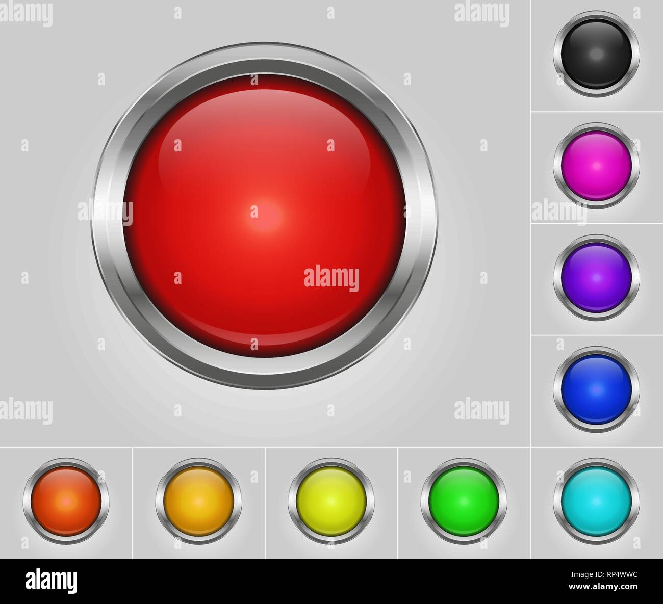 Set of round colored buttons with metallic border Stock Vector