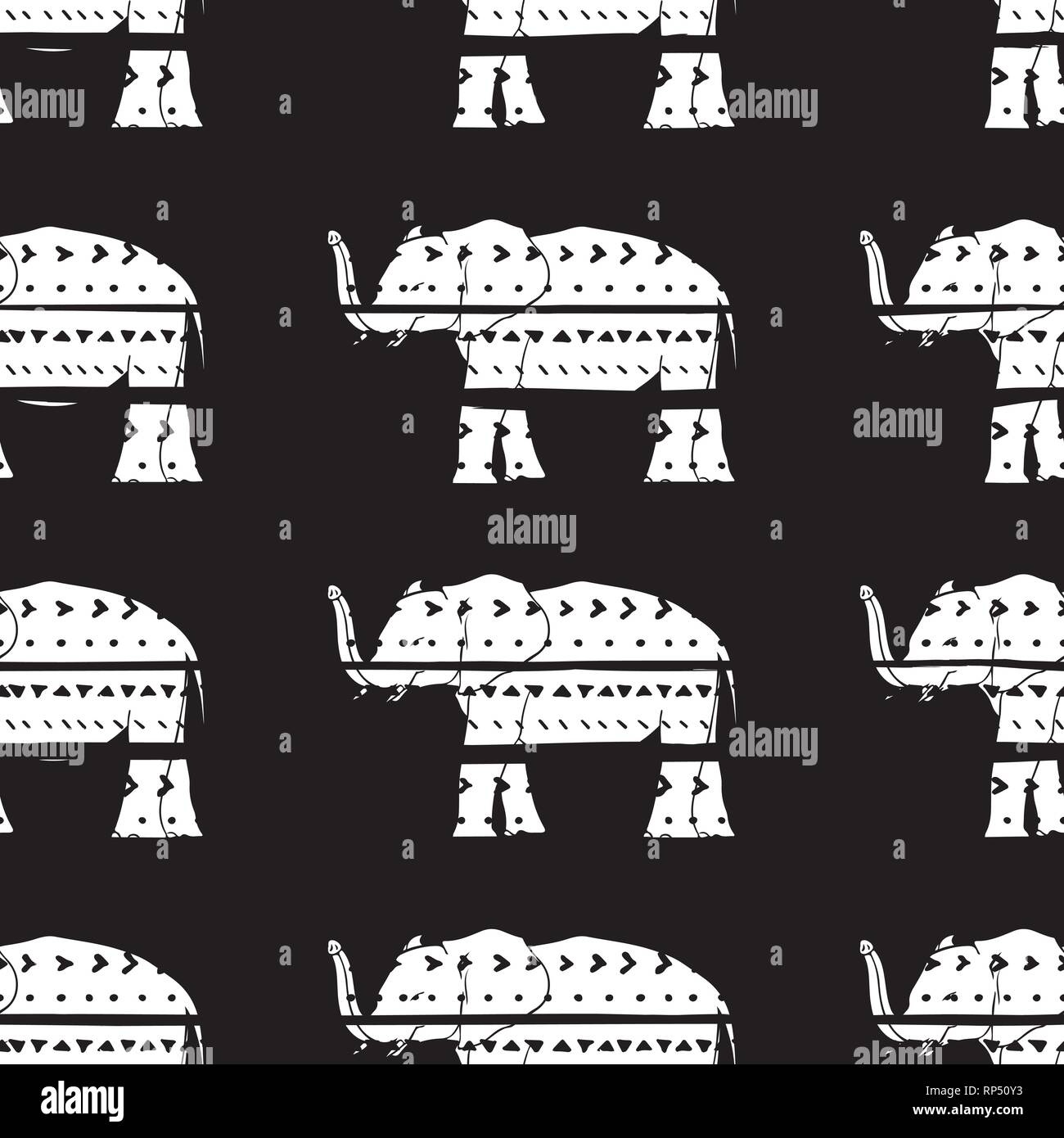 Vector seamless pattern with elephants hand drawn stripes and triangles ...