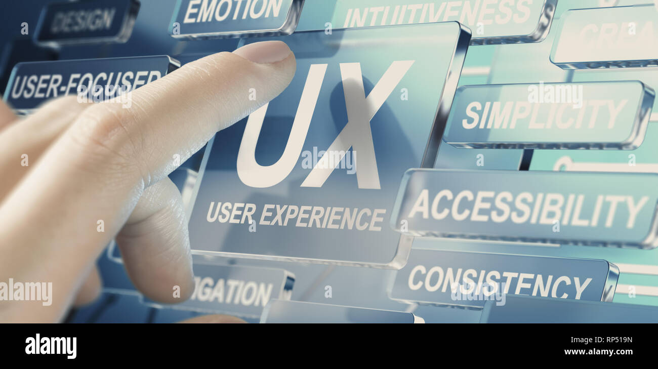 Woman pushing a glass button for testing UX parameters. User experience concept Stock Photo