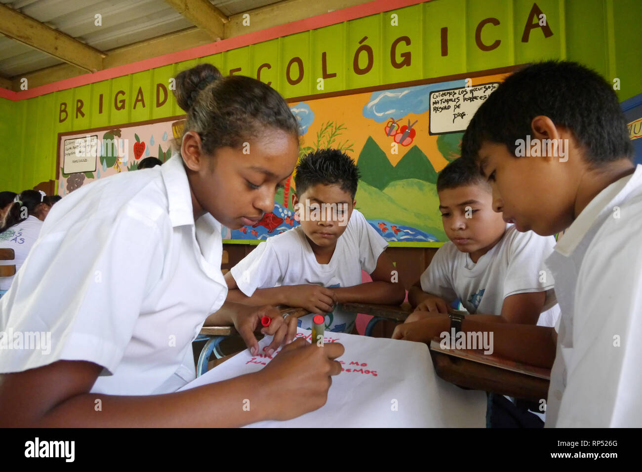 Nicaragua CANTERA projects. Fray Jesus de Pamplona primary school at Los  Planes de Cuajachillo. Ecology Brigade which teaches children to care for  the environment. Children working among themselves Stock Photo - Alamy