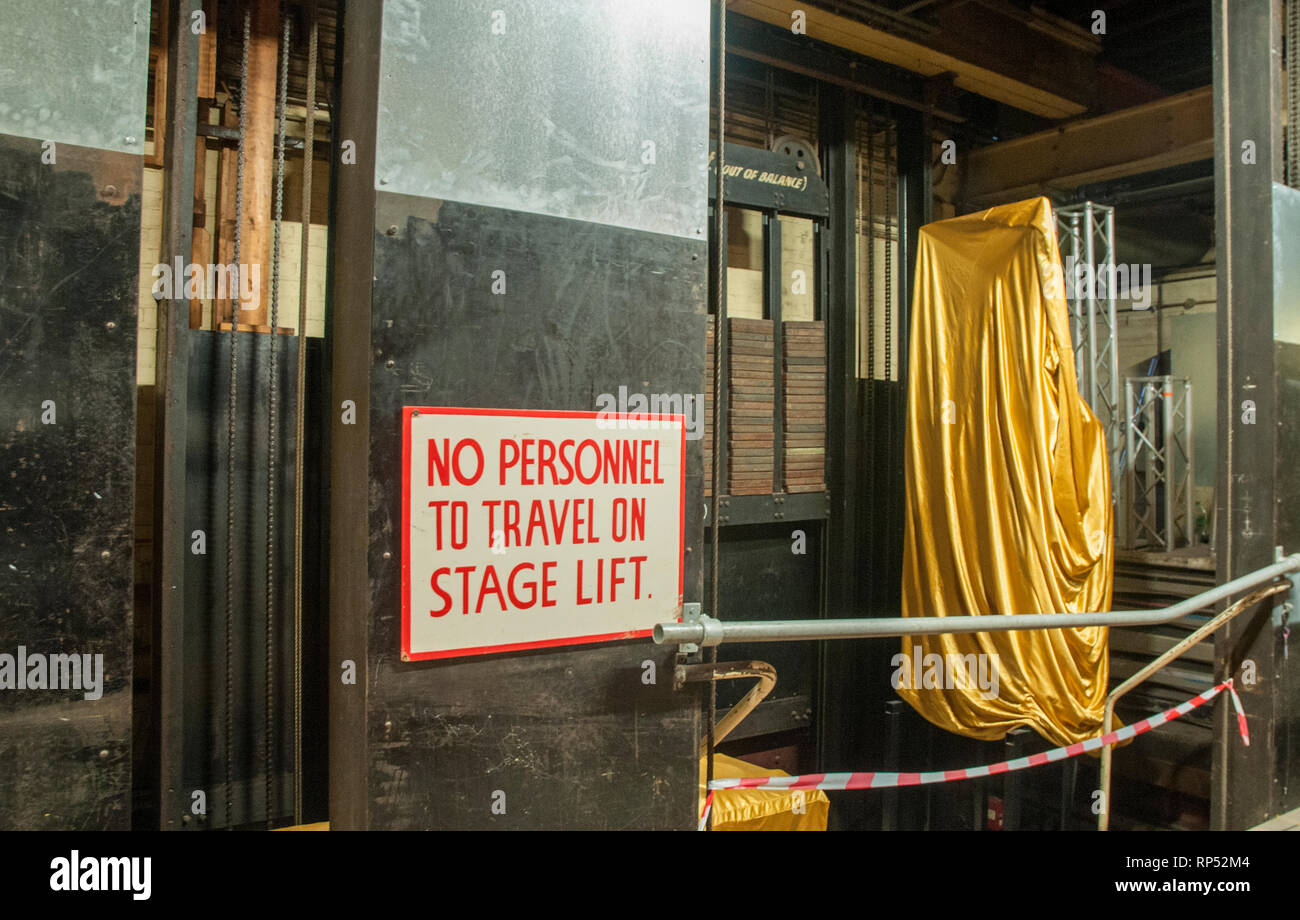 View of equipment and lifts for scenery etc under the stage of the Winter Gardens Opera House Blackpool Lancashire England UK Stock Photo