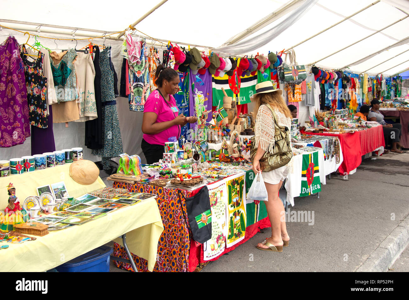 Souvenir stalls on seafront, Dame Mary Eugenia Charles Blvd, Roseau, Dominica, Lesser Antilles, Caribbean Stock Photo