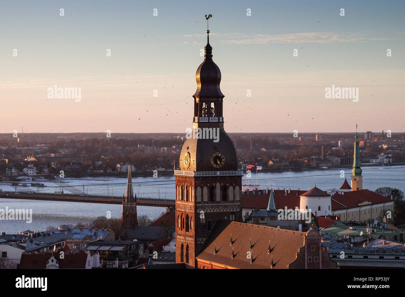 View of the Old Town and Riga Cathedral tower on a late winter afternoon from the top of St. Peter's church on  - Riga, Latvia Stock Photo