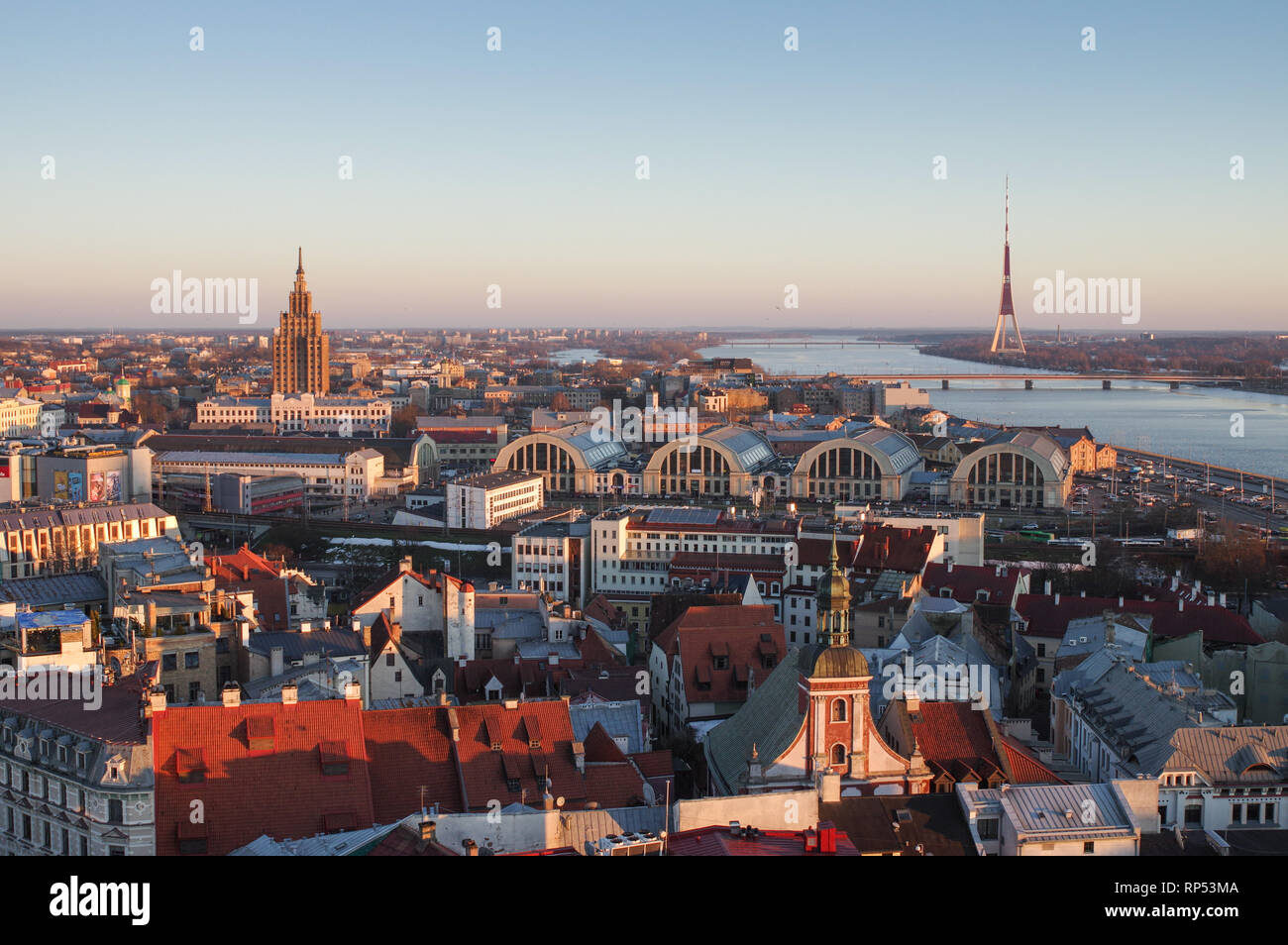 View of downtown and Riga Radio and TV Tower on a late winter afternoon from the top of St. Peter's church on  - Riga, Latvia Stock Photo