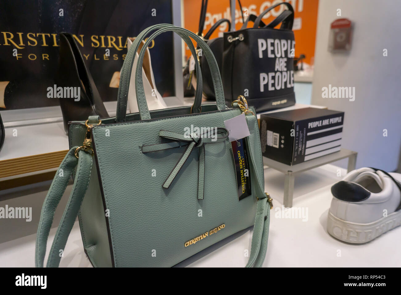 Designer Christian Siriano leather goods in a Payless ShoeSource store in Herald Square in New York on Monday, February 18, 2019. The retailer is closing all of its 2100 stores in the U.S. and Puerto Rico, and its Payless.com website, as it files for bankruptcy. (Â© Richard B. Levine) Stock Photo
