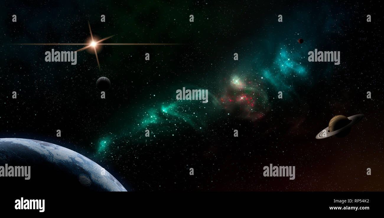Outer space scene of a fictional solar system galaxy with planets, star field and nebula. Original artwork concept illustration. Stock Photo