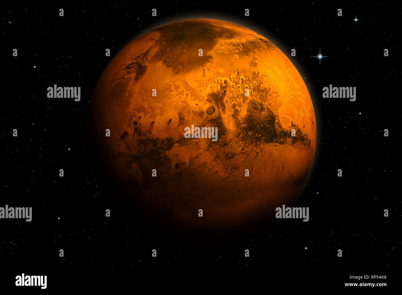 Beautiful 3d rendering of planet Mars with deep space starfield. background. Surface texture provided by NASA. Stock Photo