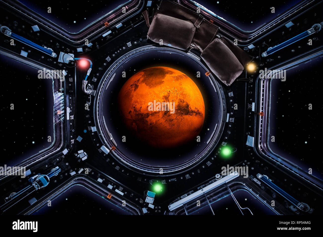 Travel to mars. Planet Mars 3d render seen through spaceship windows. Space exploration and mission concept artwork. Artist vision. Some graphic eleme Stock Photo