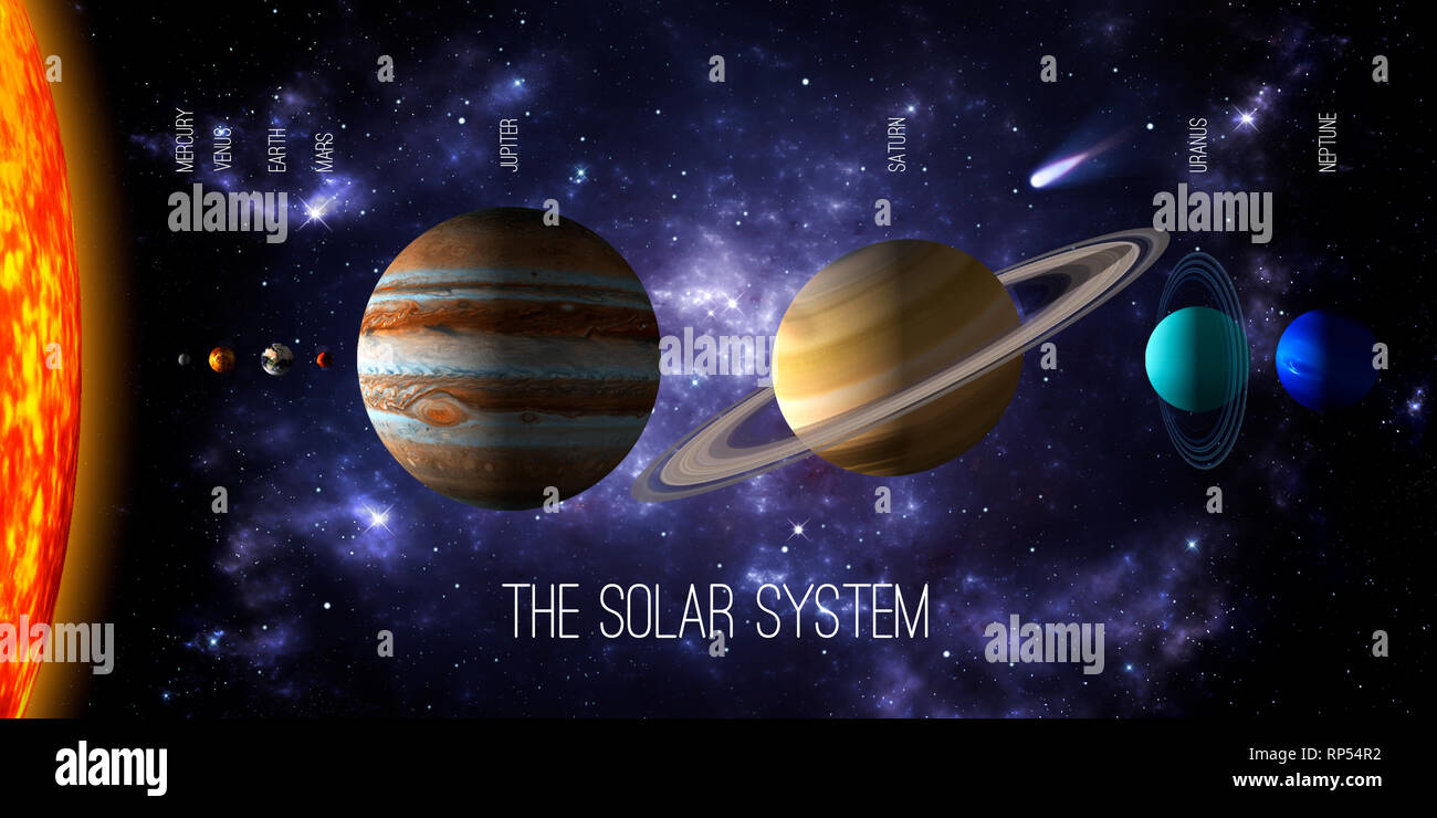 Sun and the eight planets of the solar system with deep space and dramatic nebula background. Realistic 3d illustration of the rendering of the planet Stock Photo