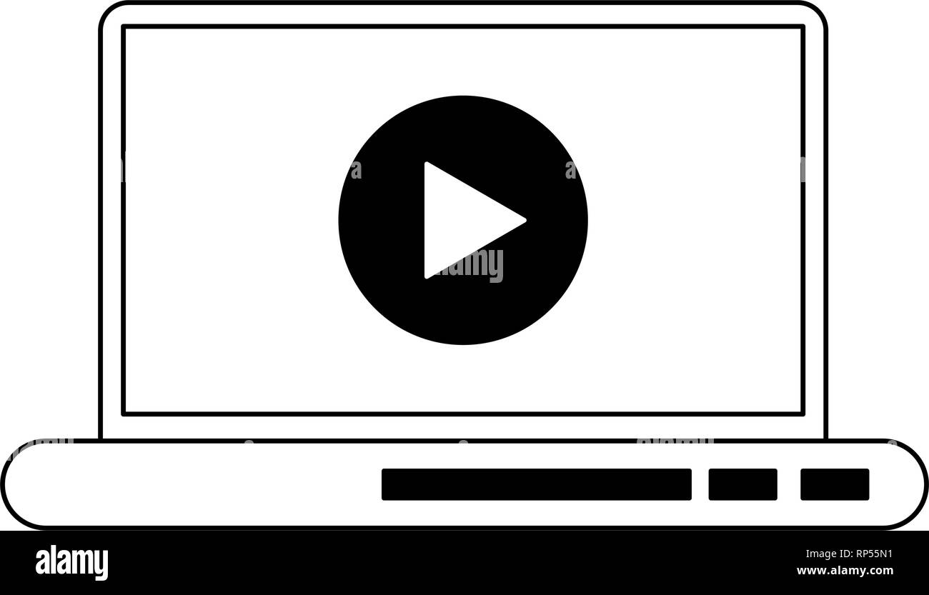 laptop with video player on screen in black and white Stock Vector