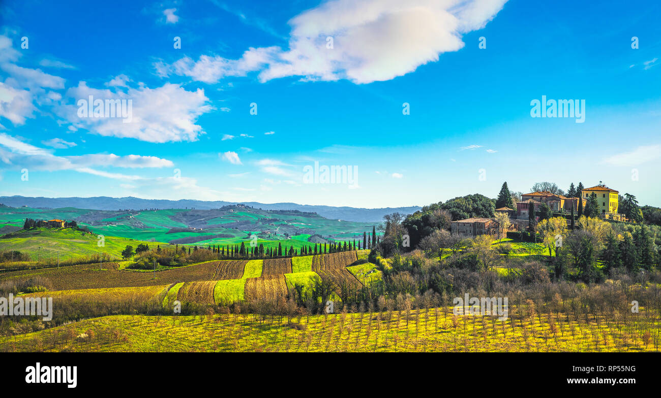 Tuscany panorama, rolling hills, trees, and green fields. Italy, Europe ...