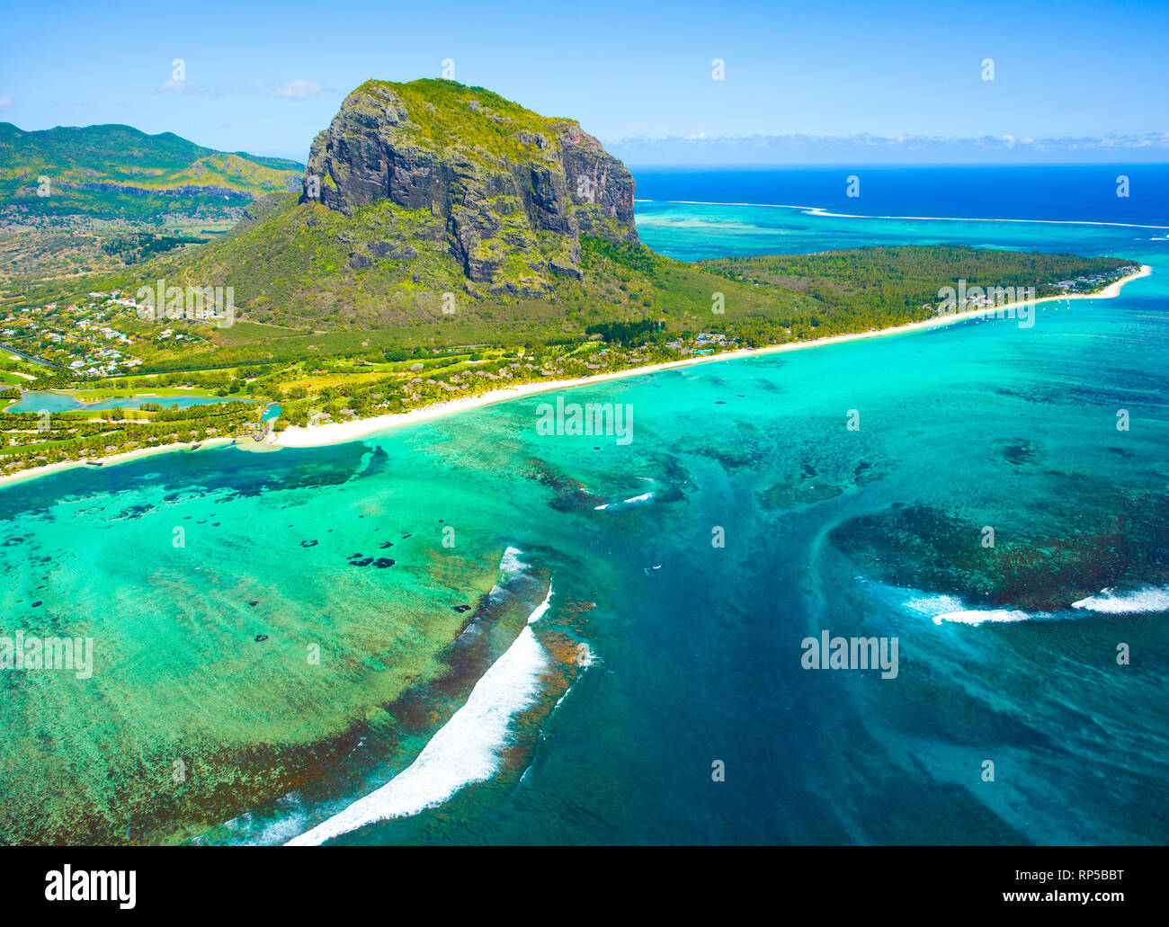 Aerial view of Mauritius island panorama and famous  Le Morne Brabant mountain, beautiful blue lagoon and underwater waterfall Stock Photo