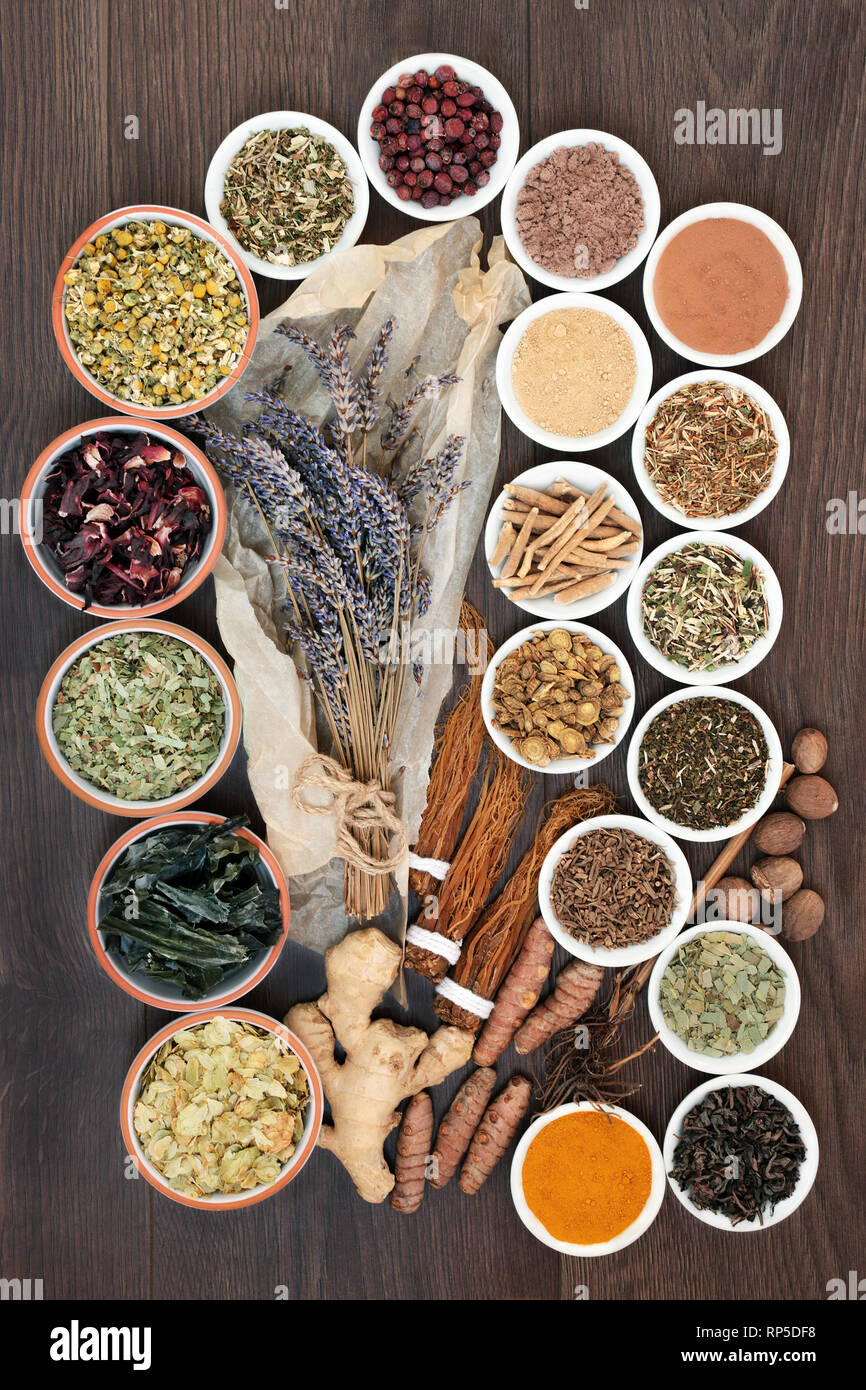 Anxiety and stress relieving herbs and spice selection with supplement powders that also help relaxation and reduce chronic fatigue and depression. Stock Photo