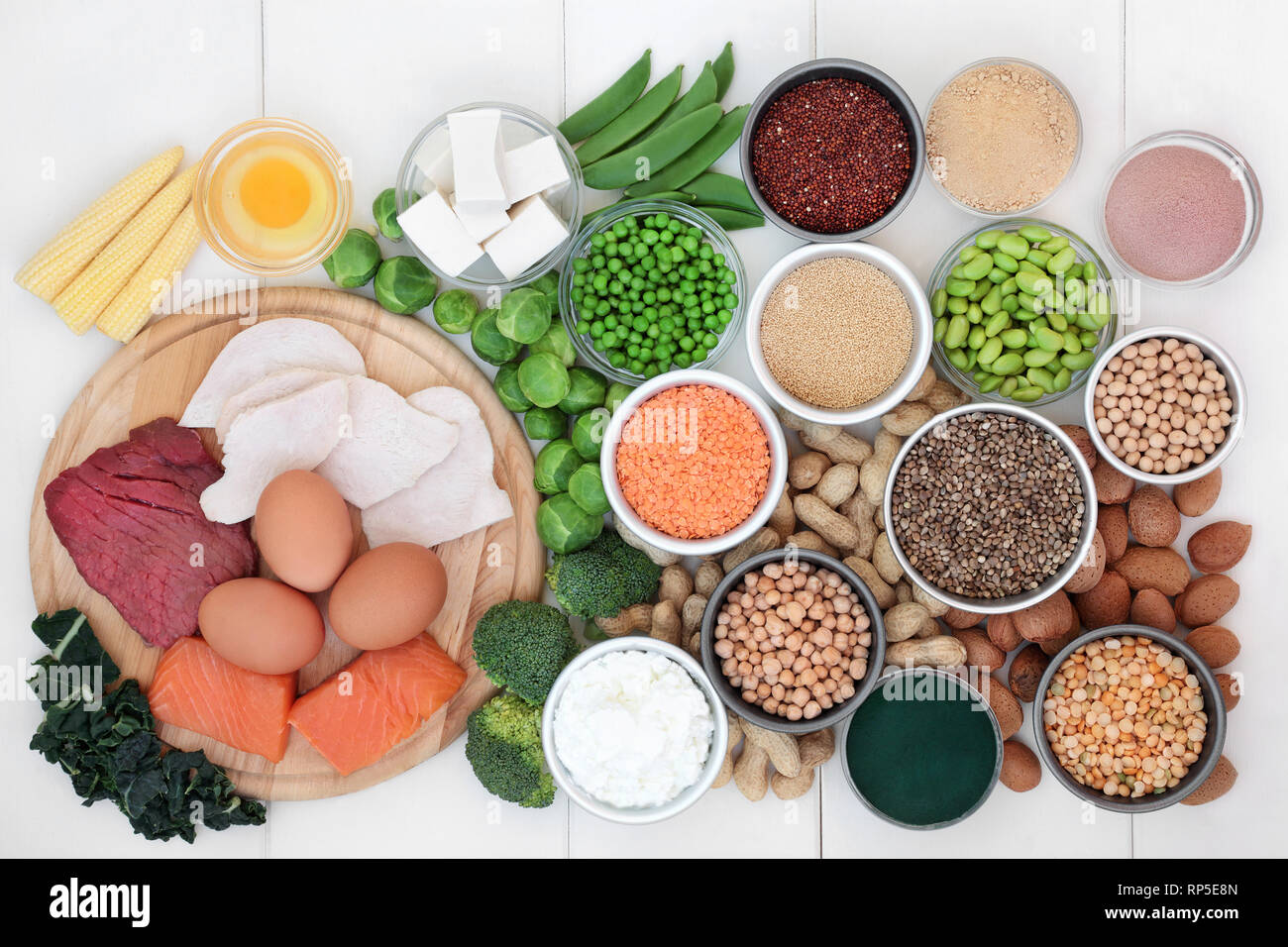 Food with high protein content with legumes, meat, fish, dairy, nuts, tofu, seeds, grains and