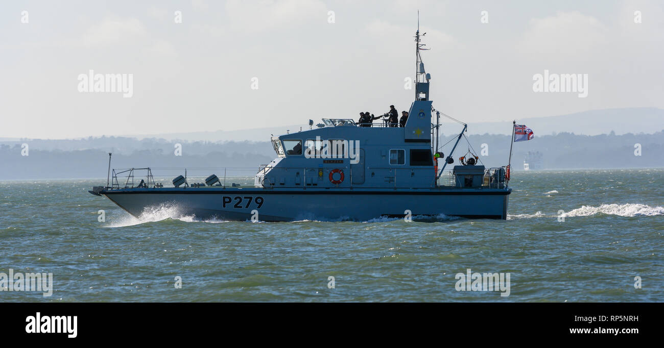 HMS Blazer - P279 - Archer Class patrol boat of the British Royal Navy, leaving Portsmouth Harbour, Portsmouth, Hampshire, England, UK Stock Photo