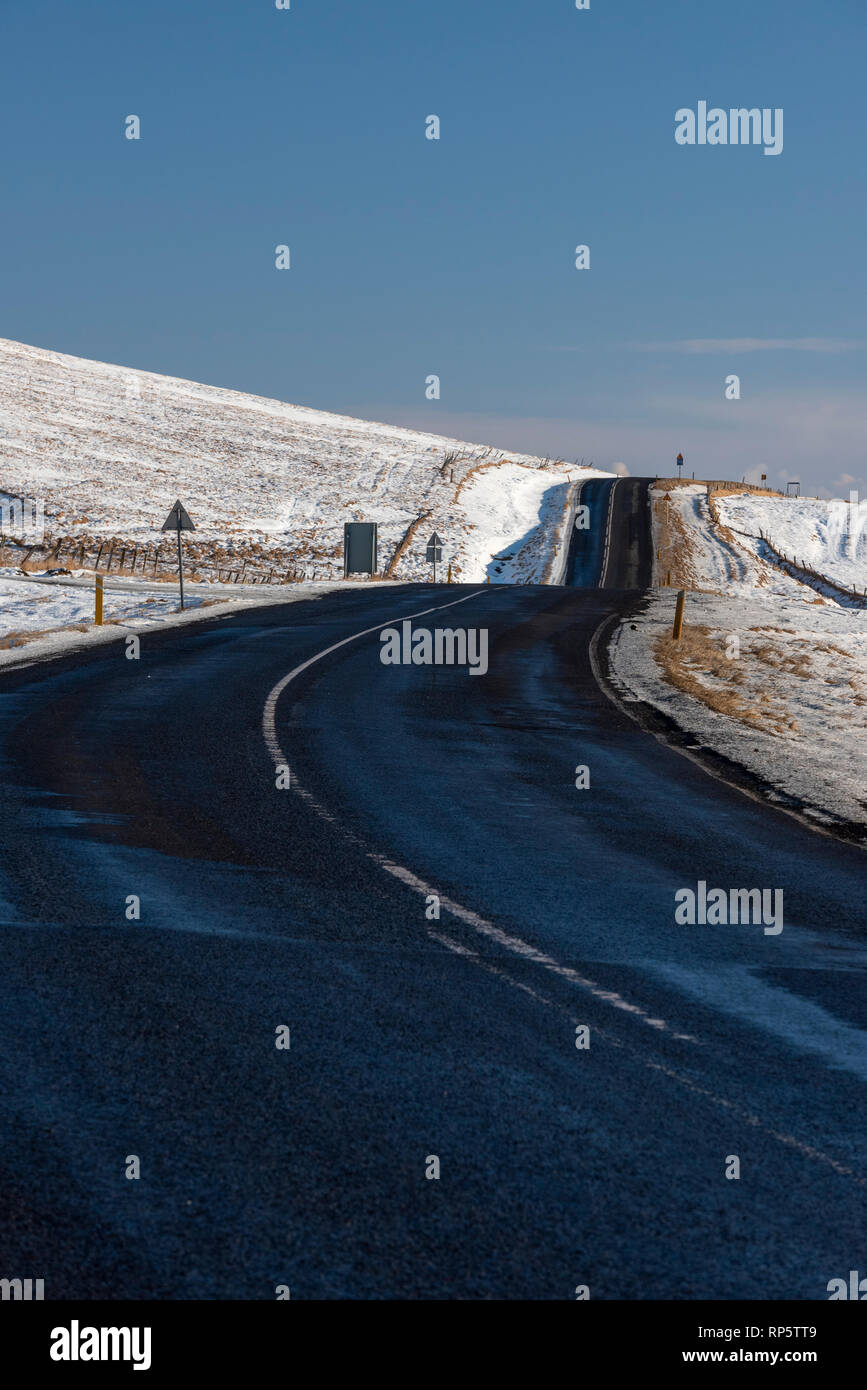 Route 1 / Ring Road, national road in snow covered landscape, South Iceland Stock Photo