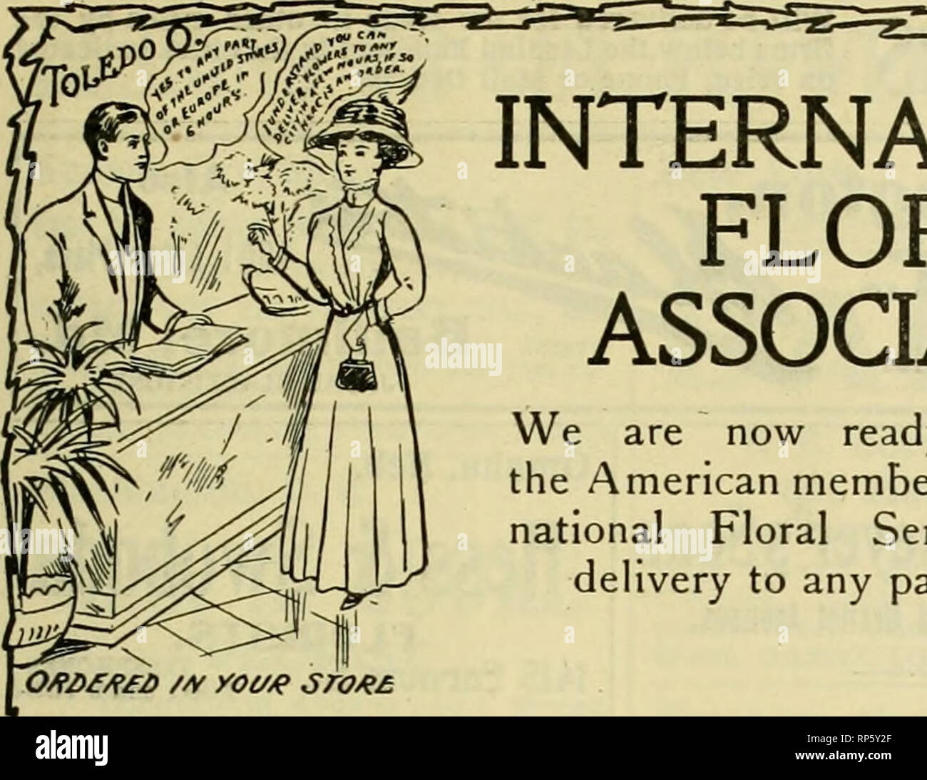 . The American florist : a weekly journal for the trade. Floriculture; Florists. igio. The American Florist. 133. INTERNATIONAL FLORAL ASSOCLTION We are now ready to contract for the American memberships to the Inter- national Floral Service for prompt delivery to any part of the globe. Ofi/&gt;^^£/&gt; /v yoaje sro/?£. Please note that these images are extracted from scanned page images that may have been digitally enhanced for readability - coloration and appearance of these illustrations may not perfectly resemble the original work.. American Florists Company. Chicago : American Florist Co Stock Photo